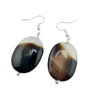 925 Sterling Silver Onyx in Quartz Polished Natural Stone Handmade 2” Earrings